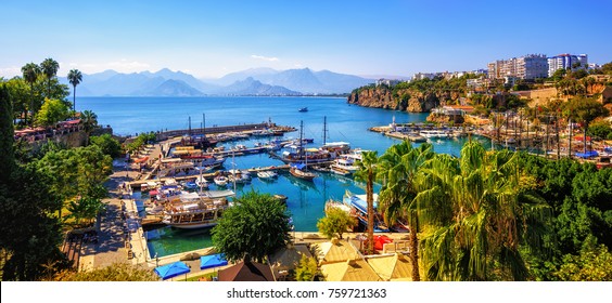 Panoramic view of Antalya Old Town port, Taurus mountains and Mediterrranean Sea, Turkey - Shutterstock ID 759721363