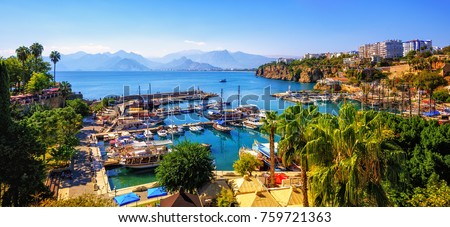 Panoramic view of Antalya Old Town port, Taurus mountains and Mediterrranean Sea, Turkey