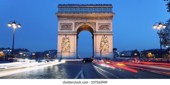 Panoramic view of Arc de Triomphe by night, France
