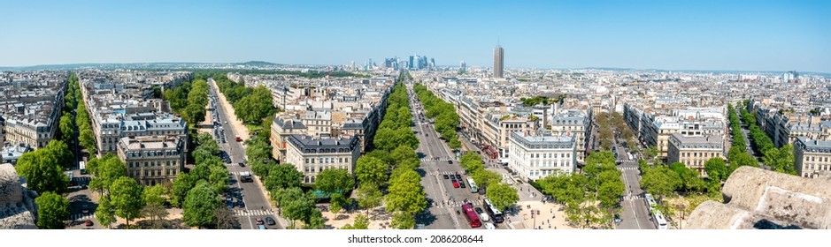 Panoramic View From Arc De Triomphe To La Defense District, Paris, France