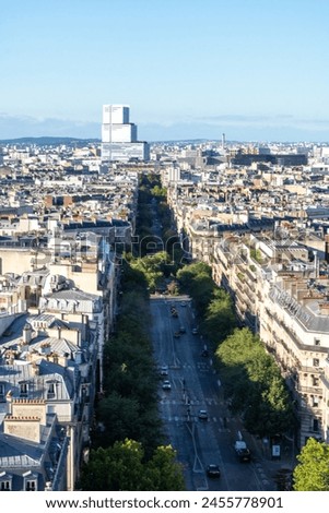 Panoramic view from Arc de Triomphe de l'Étoile, located on the Charles de Gaulle square, and at the western end of the Champs Elysées avenue, Paris, France.