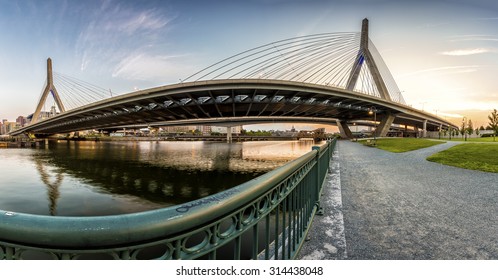 Panoramic view of the architecture of the Zakim Bridge at sunset in Boston, Massachusetts, USA