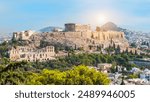 Panoramic view of Athens with Acropolis hill on a hot summer day in Greece. Travel image of a heatwave in Athens. 