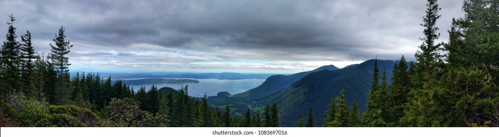 Panoramic view from atop Mount Walker of Puget Sound and Olympic Mountains, Washington