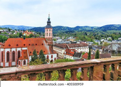 Panoramic view of Baden-Baden church Stiftskirche and city. Baden-Baden is a spa town. It is situated in Baden-Wurttemberg in Germany. Its church is called Stiftskirche.