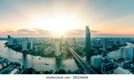 Panoramic View Of Bangkok City Riverfront Skyline Cityscape In Thailand.