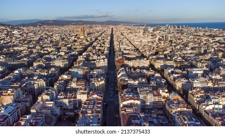 Panoramic View Of Barcelona Spain. View From Above. Drone View. Tourism