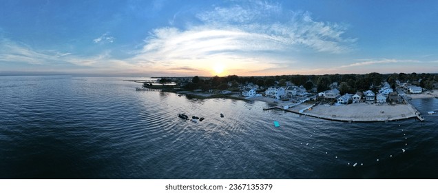 A panoramic view of a beach and inlet in Old Saybrook on the sunset - Shutterstock ID 2367135379