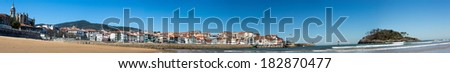 Panoramic View of the beach of Lekeitio with clear blue sky, Vizcaya, Basque Country, Spain