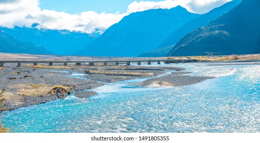 Panoramic View Of Bealey Bridge Crossing Waimakariri River On New Zealand State Highway No. 73 Head To Arthur's Pass National Park