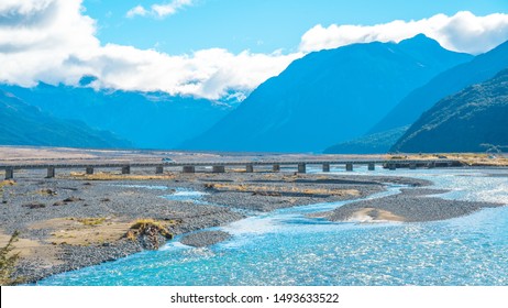 Panoramic View Of Bealey Bridge Crossing Waimakariri River On New Zealand State Highway No. 73 Head To Arthur's Pass National Park