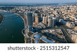 Panoramic view of Belgrade Waterfront, Sava river, Belgrade Tower, Kalemegdan. View from the top of Belgrade Waterfront towers. View at Belgrade Waterfront buildings and Sava river.