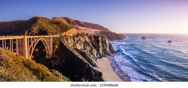 Panoramic view of Bixby Creek Bridge and the dramatic Pacific Ocean coastline, Big Sur, California - Powered by Shutterstock