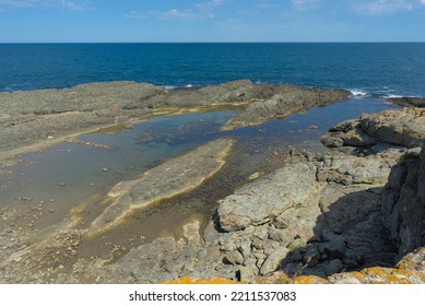 Panoramic View Of The Black Sea From The Coast Of Bulgaria On A Clear Sunny Day. Rocky Coastline And Clear Sea.