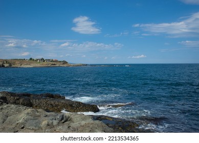 Panoramic View Of The Black Sea From The Coast Of Bulgaria On A Clear Sunny Day. Rocky Coastline And Clear Sea.