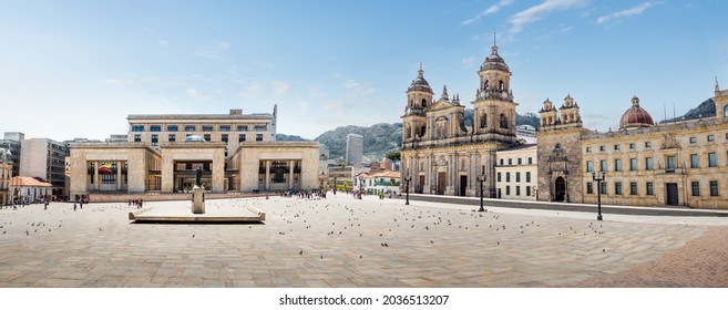 Panoramic view of Bolivar Square with the Cathedral and the Colombian Palace of Justice - Bogota, Colombia