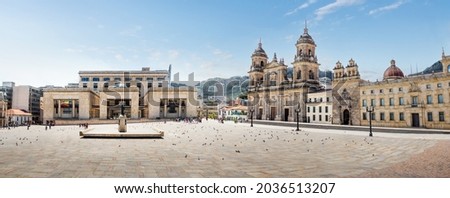Panoramic view of Bolivar Square with the Cathedral and the Colombian Palace of Justice - Bogota, Colombia