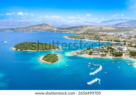 Panoramic view of Bora Bora beach in Ksamil, Albanian Riviera. Ksamil islands are located near the Saranda, Albania.