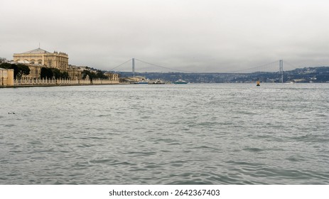 Panoramic view of the Bosphorus Bridge and the Bosphorus Strait in the rainy day. Travel