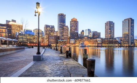 Panoramic view of the Boston Harbor in Boston, Massachusetts, USA at night.