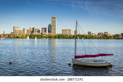 Panoramic view of Boston in Massachusetts, USA by the Charles River on a super sunny and warm day.