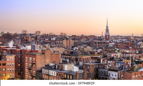 Panoramic View Of Boston In Massachusetts, USA At Sunrise Showcasing The Architecture Of Its Little Italy Neighborhood. 