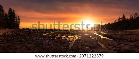 Panoramic View of Botanical Beach on the West Coast of Pacific Ocean. Adult Woman Hiker at Sunset Art Render. Port Renfrew near Victoria, Vancouver Island, British Columbia, Canada.