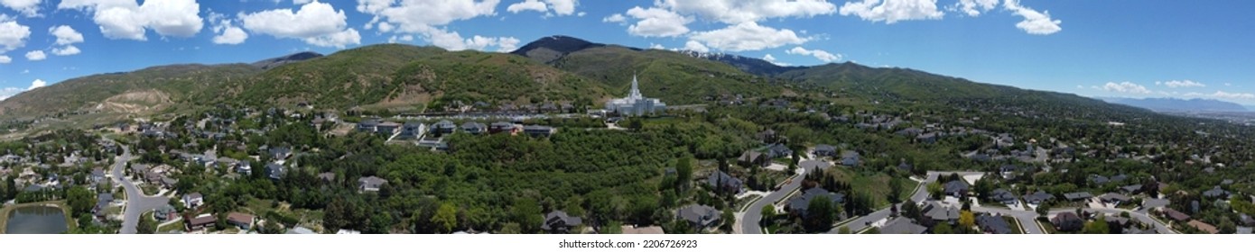 A panoramic view of the Bountiful Utah Temple and Bountiful Hills - Shutterstock ID 2206726923