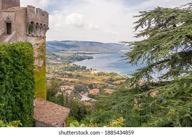 Panoramic view of the Bracciano lake from the tower of the Orsini Odescalchi Castle. Lake of volcanic origin in the Italian region of Lazio, Rome, Italy