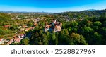 Panoramic view of Bran Castle in Romania. Place of Dracula in Transylvania, Carpathian Mountains in Autumn, a famous destination in Eastern Europe