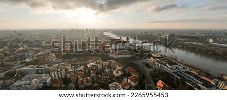 Panoramic view of Bratislava skyline,  Danube river, Bratislava castle and modern downtown, Bratislava panorama, old town and new town