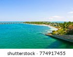 panoramic view of the bridge, island, and bay in bahia honda state park from bahia honda rail bridge florida usa