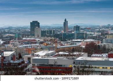 Panoramic view of  Brno in Czech Republic. There is a hospital with heliport in the foreground. In the middle there are two towers of Spielberk office centre and AZ tower and M-Palace.