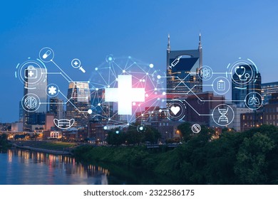 Panoramic view of Broadway district of Nashville over Cumberland River at illuminated night skyline, Tennessee, USA. Hologram healthcare digital medicine icons. The concept of treatment from disease - Powered by Shutterstock - Get 15% off with code: PIKWIZARD15