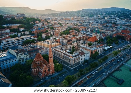 Panoramic view Budapest cityscape with rooftops. Aerial view of capital of Hungary with residential buildings and city streets