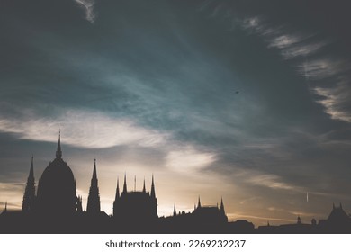 Panoramic view of Budapest on a foggy autumn morning with the Hungarian Parliament silhouette. - Powered by Shutterstock