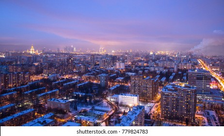 Panoramic View Of The Building From The Roof Of Center Moscow Day To Night Transition Timelapse With Buildings Covered With Snow At Winter Day Panoramic View, Russia 4K