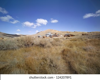 A panoramic view of the buildings in the ghost town of Bodie, California.