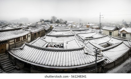 Panoramic View Of Bukchon Hanok Village Covered In Snow. Taken In Seoul, South Korea