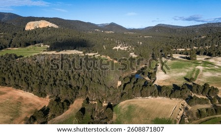 Panoramic view of the Burete mountain range in the Region of Murcia, with its pine forests, cultivated fields and Lake Manzano.