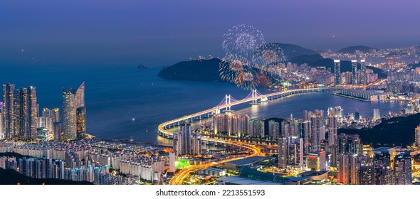 Panoramic view of Busan South Korea at night,South Korea landscape at nigh and fireworks