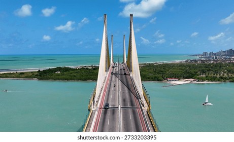 Panoramic view of Cable Viaduct bridge at Natal capital city of Rio Grande do Norte. Brazil Northeastern. Downtown aerial cityscape Cable Viaduct bridge. Natal Rio Grande do Norte. Natal Brazil.