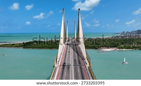 Panoramic view of Cable Viaduct bridge at Natal capital city of Rio Grande do Norte. Brazil Northeastern. Downtown aerial cityscape Cable Viaduct bridge. Natal Rio Grande do Norte. Natal Brazil.