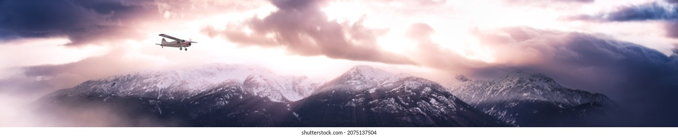 Panoramic View of Canadian Mountain Landscape. Dramatic Sunset Art Render. 3d rendering Airplane Flying. Background image from Squamish, BC, Canada.