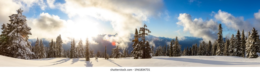 Panoramic View of Canadian Nature Landscape on top of snow covered mountain and green trees during spring sunset. Elfin Lake in Squamish, North of Vancouver, British Columbia, Canada. - Powered by Shutterstock