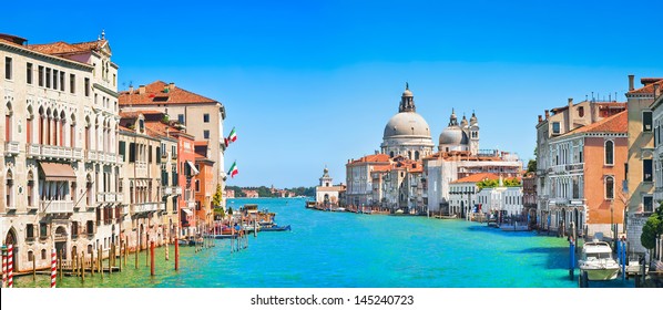 Panoramic view of Canal Grande with Basilica di Santa Maria della Salute in Venice, Italy
