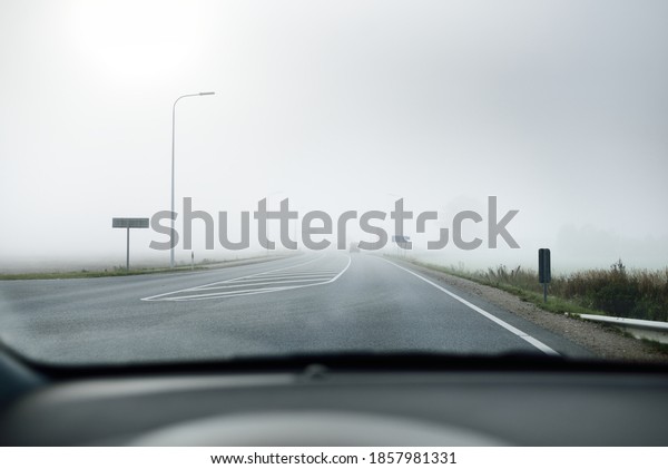 Panoramic view from the car of the empty highway\
through the fields and forest in a fog at sunrise. Europe.\
Transportation, logistics, travel, road trip, freedom, driving.\
Rural scene