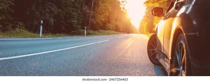 Panoramic view of the car on the asphalt highway on sunset. - Powered by Shutterstock