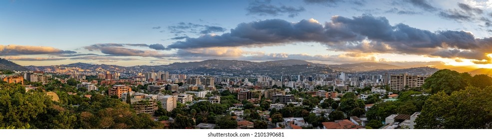 Panoramic view of Caracas City at sunset from Cota Mil. Venezuela