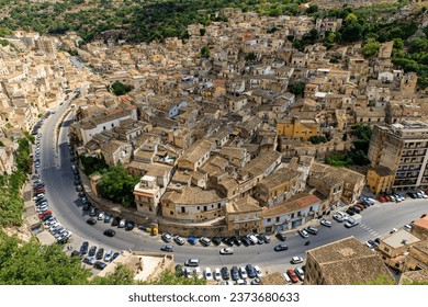 Panoramic view from Castello dei Conti over the old city center of Modica, Sicily, Italy
